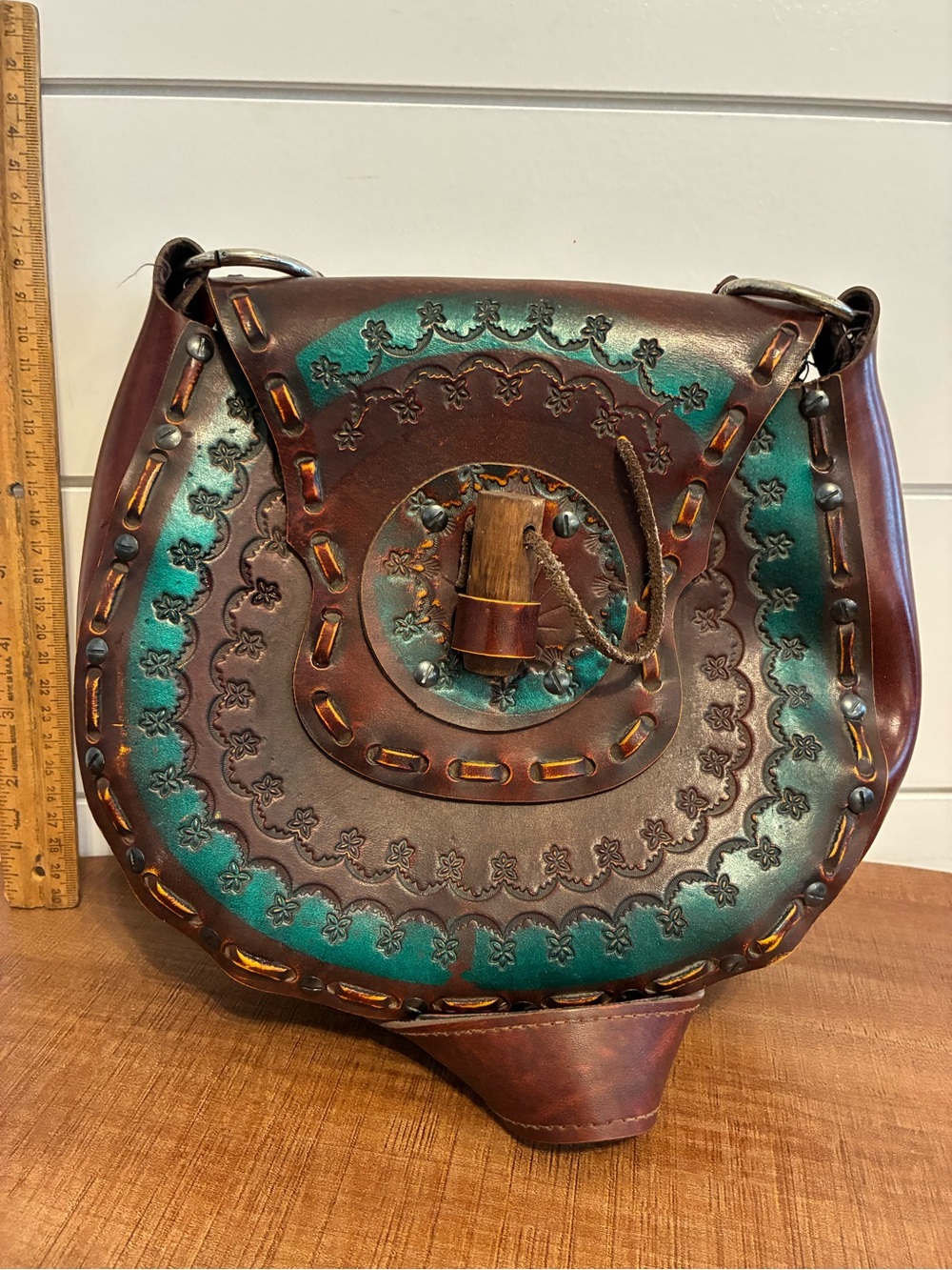 Vintage JT Handcrafted Brown Leather Crossbody Bag with Teal Accents
